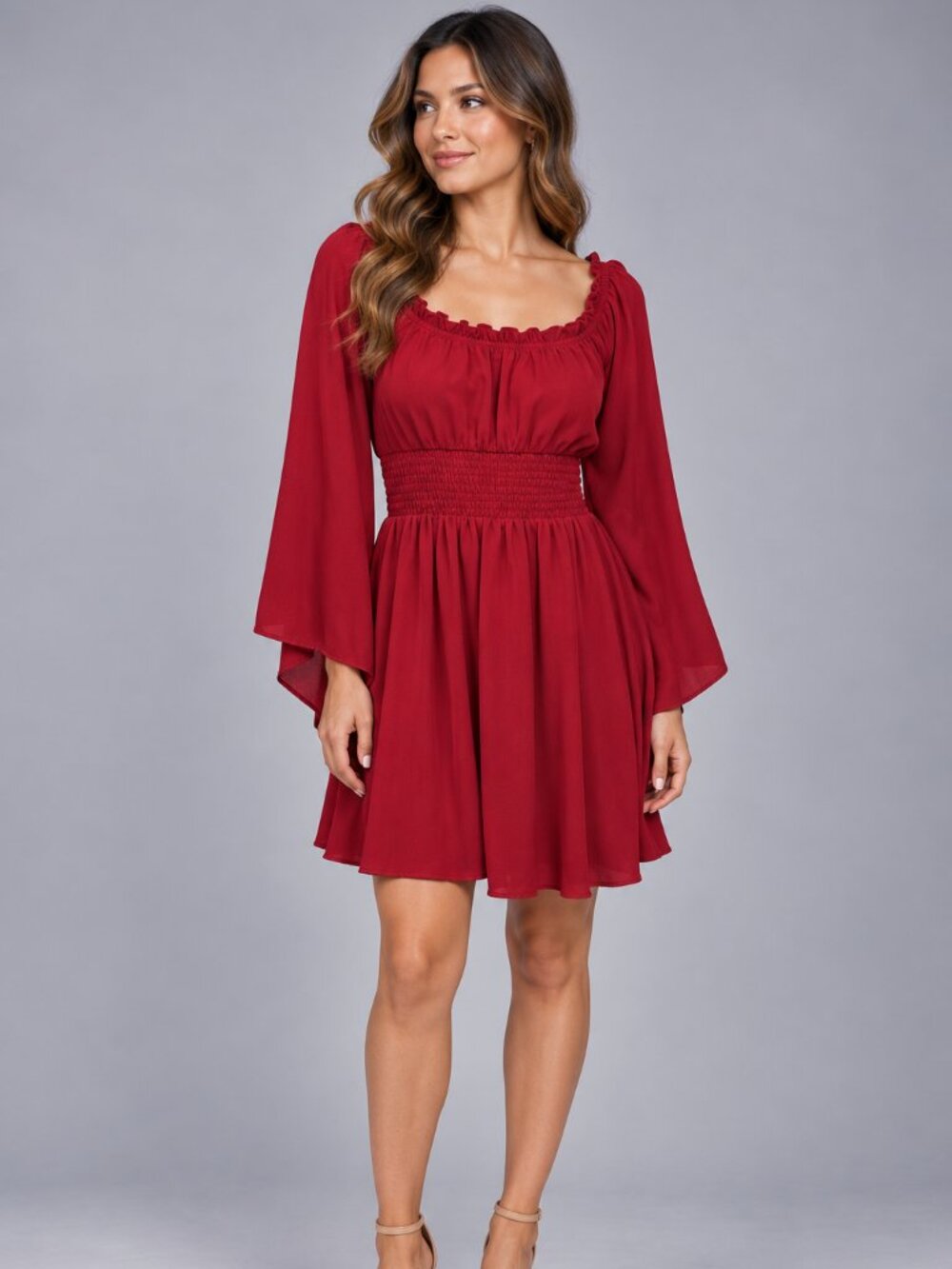 SHEIN M Red Bell Sleeve Mini Dress Smocked Waist Romantic Fall Dress